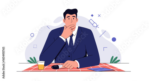 Man in suit thinking at a table with objects and background