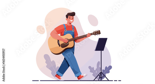 Man playing guitar next to a music stand in a light setting