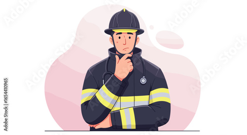 A firefighter in uniform thinking with hand on his chin pose