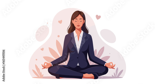 Businesswoman meditating in lotus position for stress relief