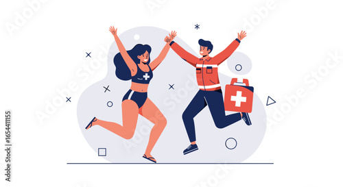 Two people jumping with first aid kit and geometric shapes