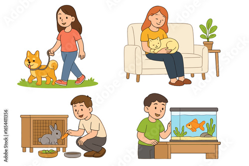 People with pets set. Man, woman, and child caring for animals. Walking dog, feeding rabbit, stroking cat, watching goldfish. Pet owner lifestyle. Vector cartoon illustration.