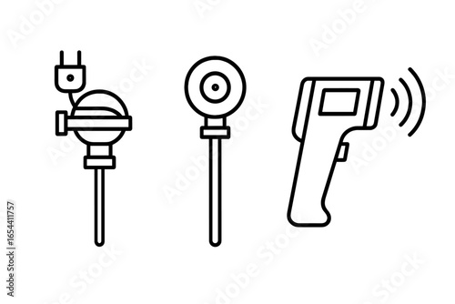 Industrial Temperature Sensor Icons Vector, Outline Set of Thermocouple Probe, RTD Sensor, Infrared Pyrometer, Precise Devices for Temperature Measurement in Industry