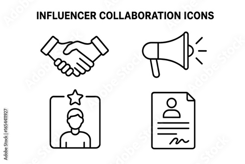 Influencer marketing outline icon set. Symbols for collaboration, partnership agreement, brand promotion, and social media content creator. Vector handshake, contract icons.