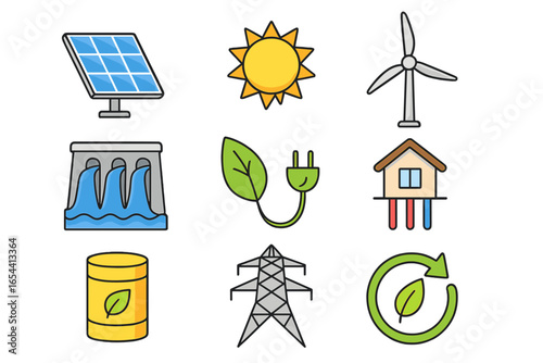 Set of renewable energy icons. Sustainable technologies for clean power generation. Solar panel, wind turbine, hydroelectric dam, and geothermal heating. Green bio energy.