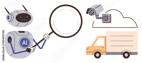 Robot using magnifying glass, observing a truck and security camera connected to cloud technology. Ideal for AI innovation, logistics, security surveillance, data analysis, cloud computing
