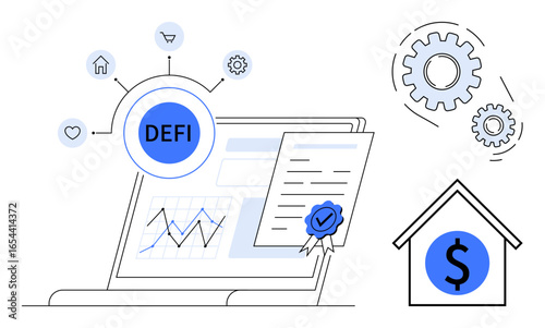 Laptop screen showing financial graphs, DEFI, connected assets, smart contract with seal, gears, and dollar house icon. Ideal for blockchain, fintech, crypto investment automation economy simple