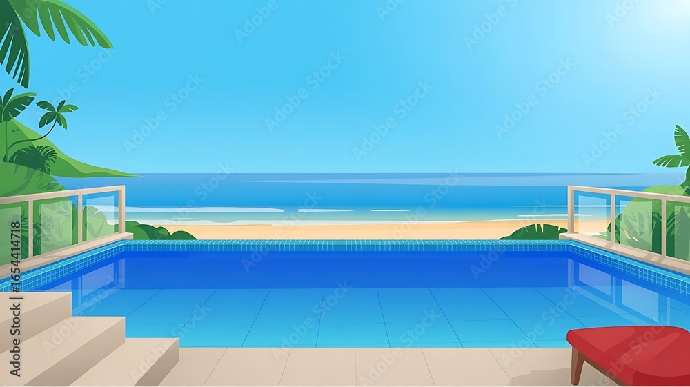 Fototapeta premium Infinity Pool Overlooking Tropical Beach And Ocean With Clear Blue Sky swimming pool