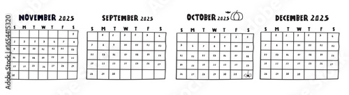 Set of calendars September, October, November, December. 2025. Minimal design. Hand drawn vector illustrations on white background.