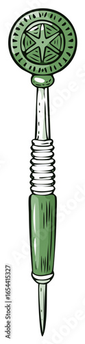 Hand drawn illustration of a vintage green ornate pin or awl with a circular star design