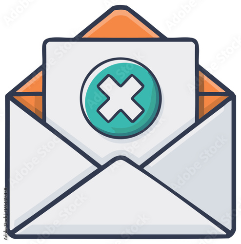 Opened email envelope with teal cross symbol indicating message error rejection or cancellation illustration
