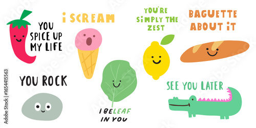 Collection of cute characters with funny phrases. Hand drawn design. Vector illustrations. Best for Stickers. Flat design on white background.