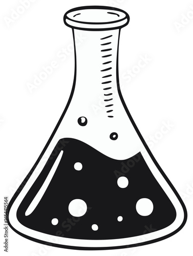Hand drawn laboratory flask with dark liquid and bubbles scientific experiment concept
