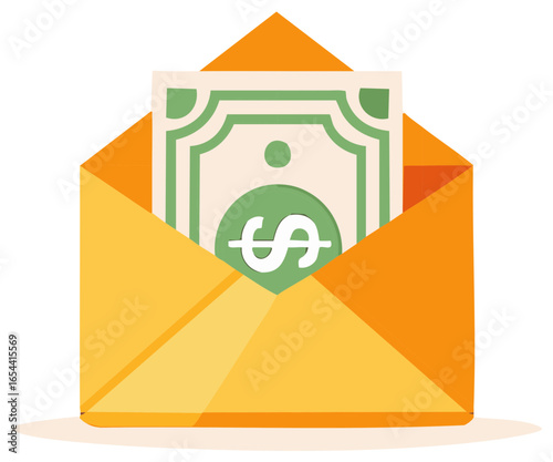 Orange open envelope with a dollar bill and coin inside, vector illustration of money payment concept