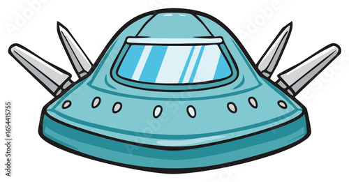 Retro cartoon flying saucer with spikes vector illustration. Sci-fi alien UFO spacecraft comic style graphic.