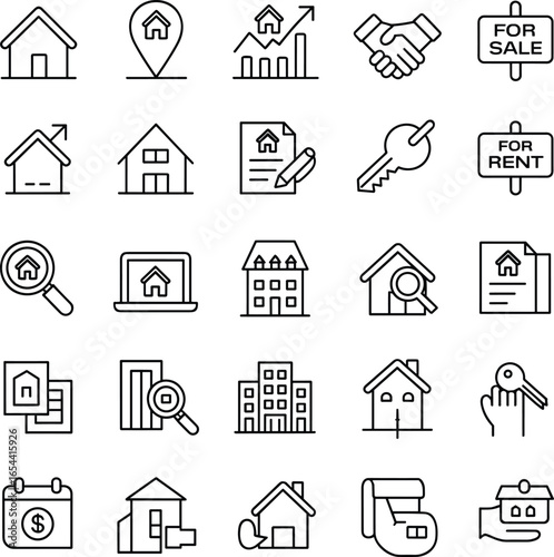 Real estate, property investment, house for sale, home rent, realtor services, mortgage, housing market, key ownership, flat vector illustration icons