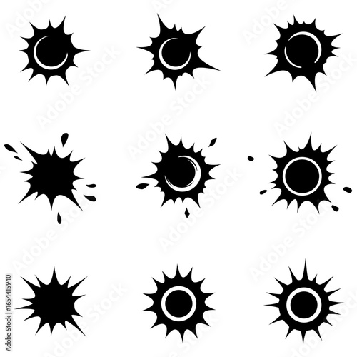 Set of black and white vector icons of bullet holes, shot marks, or explosions isolated on white background.