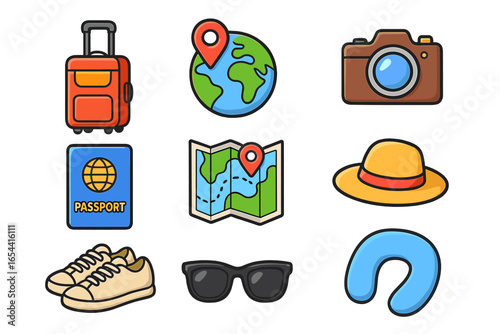Travel essentials icon set for vacation and tourism. Vector cartoon collection with luggage, passport, camera, map, and globe. Adventure and journey planning concept.