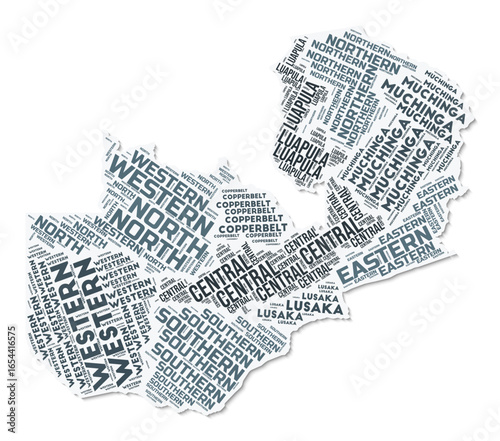 Zambia shape text cloud. Country border with shadow on white background. Zambia with regions division in vintage gazette style. Stylish vector illustration.