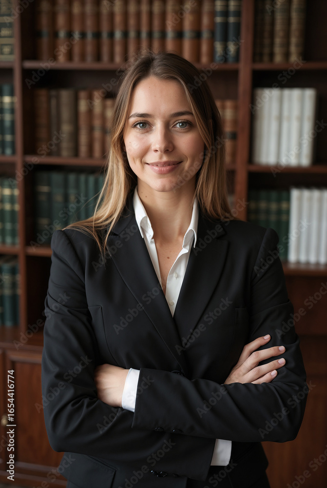 A confident female lawyer stands with her arms crossed in a modern office. A confident female lawyer stands with her arms crossed in a modern office.