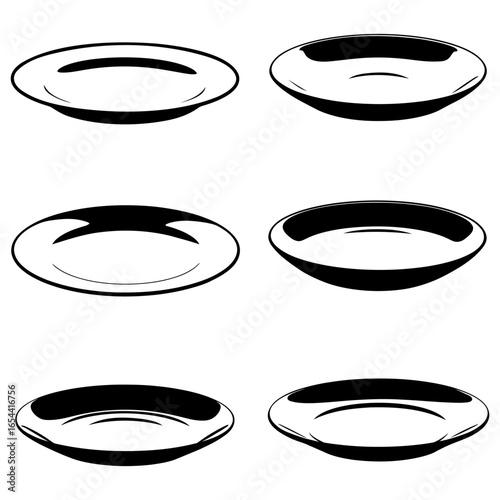 Set of black and white vector icons of plates isolated on white background.