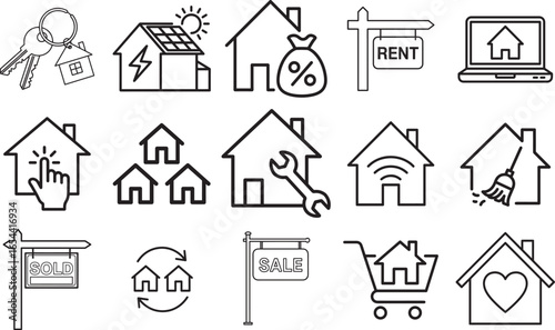 House web icon set in thin line style, collection of real estate linear icons for home, property, rent, buy, sell, key, mortgage, loan