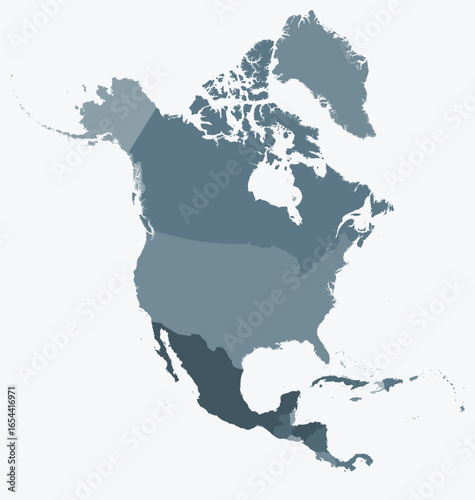 Map of North America with countries. Just a simple continent border map with country division. Blue grey color palette. Plain North America shape with administrative division. Vector illustration.