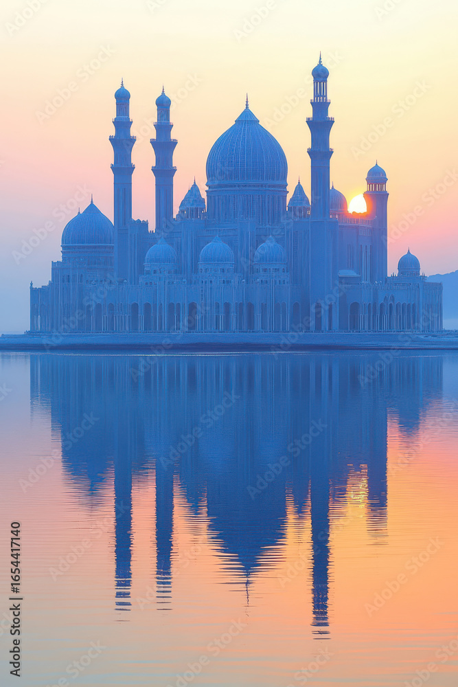Fototapeta premium Blue Mosque Reflected in the Water at Sunset