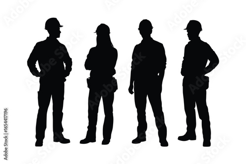 PrinSilhouette of construction workers, engineers in hard hats, teamwork at site, industrial labor force, safety gear, professional builders, sunset backgroundt