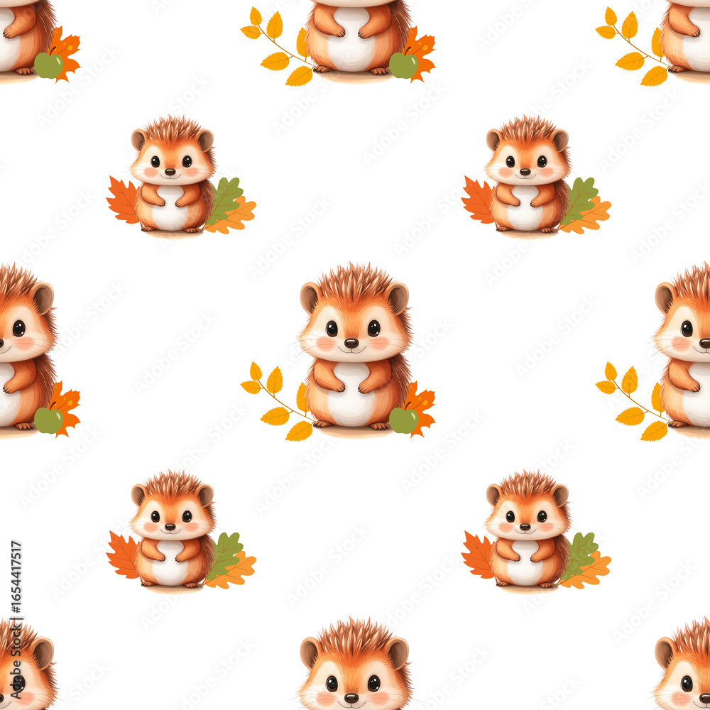 Naklejka premium Seamless pattern with cute cartoon hedgehog and autumn leaves on white background