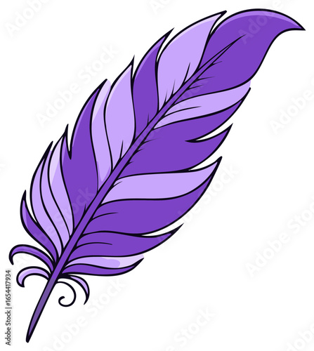 Purple Feather Illustration, Cartoon Drawing of Feathered Quill on White.