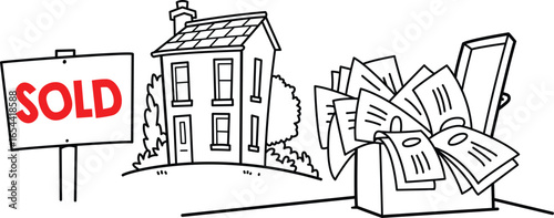 House with Mailbox Full of Letters and Bills Doodle Cartoon Vector Illustration