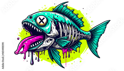 A vibrant illustration of a zombie-like fish with exposed bones and dripping gore.