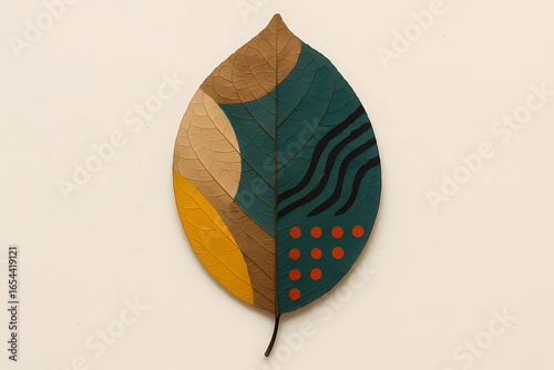 Künstlerisch bemaltes Blatt mit geometrischen Mustern