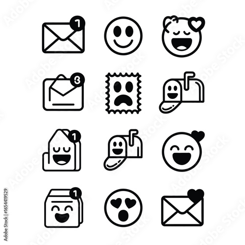 Black and white vector pack of 10–12 playful emoji mail icons including smiley envelope, sad parcel, laughing mailbox, winking courier
