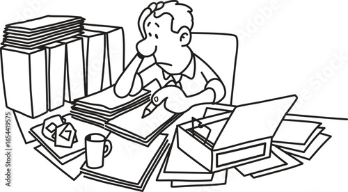 Overworked Office Man with Paperwork Doodle Cartoon Vector Illustration