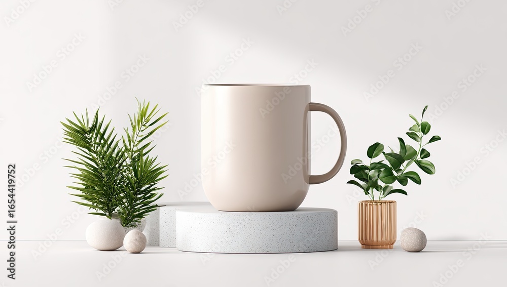 custom made wallpaper toronto digitalBeige mug on podium with plants, minimalist studio