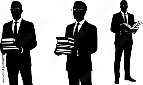 Sophisticated black silhouette of a man in a suit and glasses holding books,