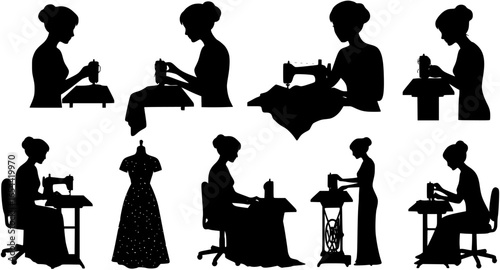 Elegant Silhouette of a Seamstress at her Sewing Machine.
