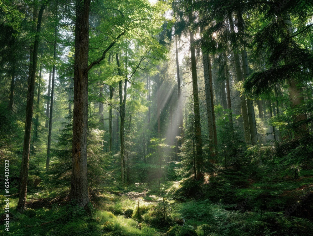 Fototapeta premium Sunlight streams through a dense forest peaceful nature scene