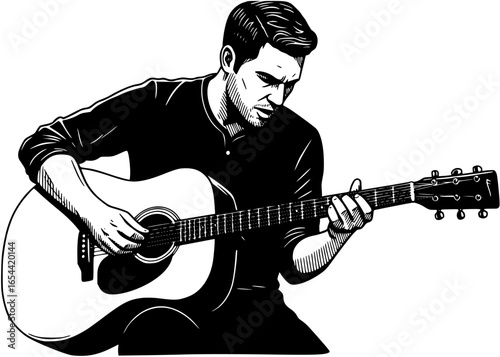Detailed vector logo of passionate male musician playing acoustic guitar with dynamic focus
