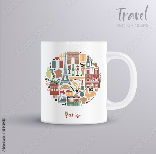 Vector circle composition with Paris landmarks and cultural symbols. Decorative travel illustration with mug mockup for tourism, souvenir, design and print projects