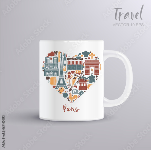Vector heart composition with Paris landmarks and cultural icons. Decorative travel illustration with mug mockup for tourism, souvenirs, design and print projects.