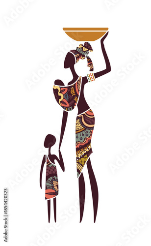 Vector silhouette of African mother with baby and child in traditional clothes. Ethnic family illustration symbolizing culture, heritage, love and everyday village life