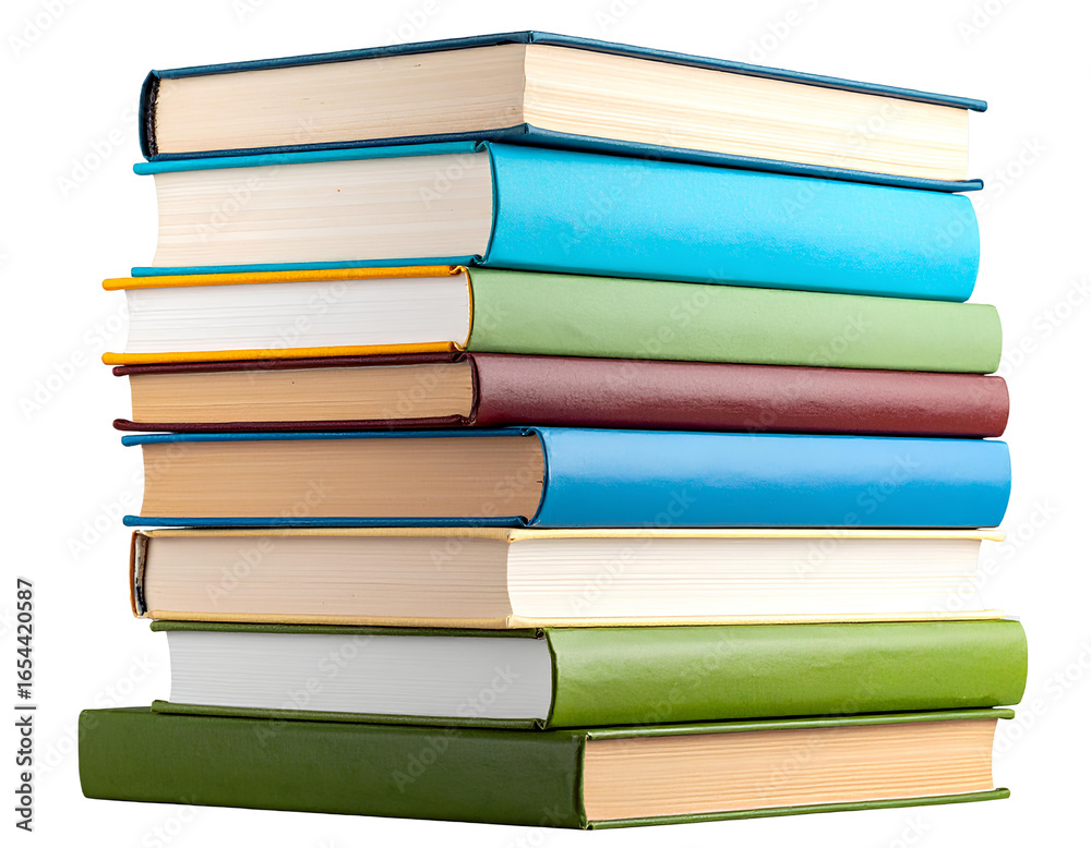 Fototapeta premium Stack of Colorful Textbooks, Front View, Isolated on Transparent Background PNG