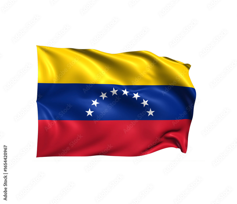 Fototapeta premium Venezuelan Flag in the Breeze: A vibrant and dynamic rendering of the Venezuelan flag, its colors of yellow, blue, and red rippling gently in an unseen breeze. Seven stars arch gracefully.
