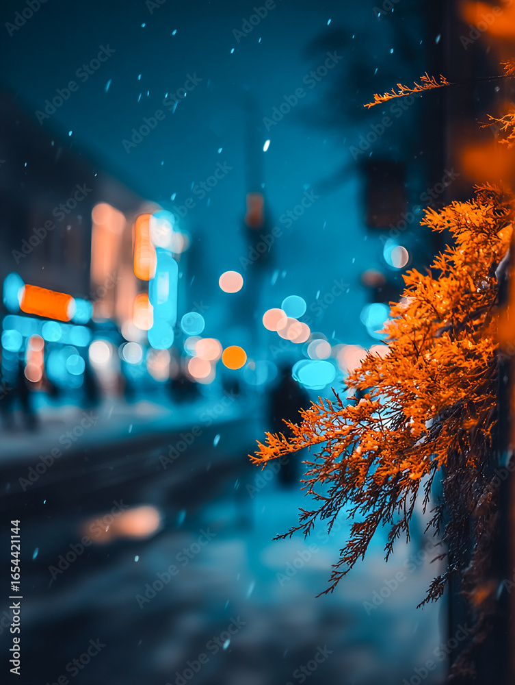 Obraz premium Orange plant in city at night with snow