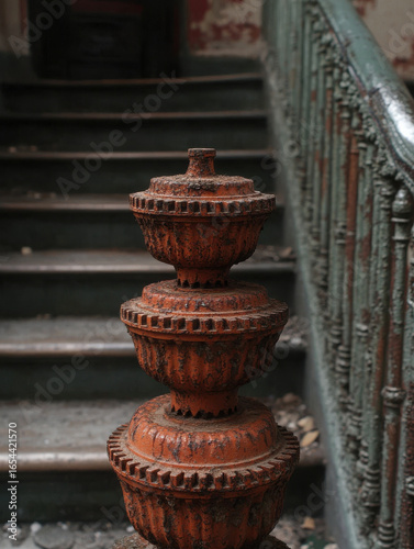 an ornate, rusty spindle on a staircase