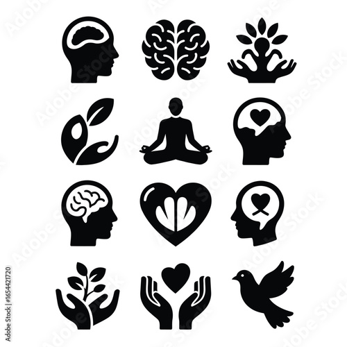 Black and white vector pack of 8 mind care icons including human head, brain, heart, meditation pose, calm face, leaf brain, helping hands, peace dove