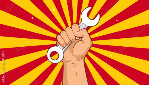 A cartoon hand clenching a wrench against a vibrant, radial background.